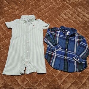Ralph Lauren POLO Green/White Romper Plaid Button Down Set 9-12 Months Preppy